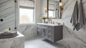 Sophisticated grey bathroom featuring a charcoal floating vanity with white quartz countertop, Carrara marble accent wall, large porcelain floor tiles, brushed brass hardware, plush grey towels, hexagonal shower tiles, matte black fixtures, and soft grey linen window treatment, all warmly lit for a spa-like atmosphere.