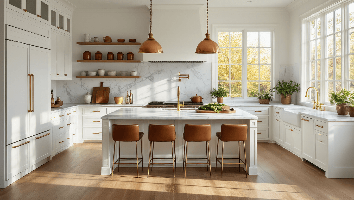 Cinematic interior of a sophisticated white kitchen featuring shaker cabinets, Carrara marble countertops, warm oak hardwood flooring, and golden afternoon light illuminating the space through oversized windows.