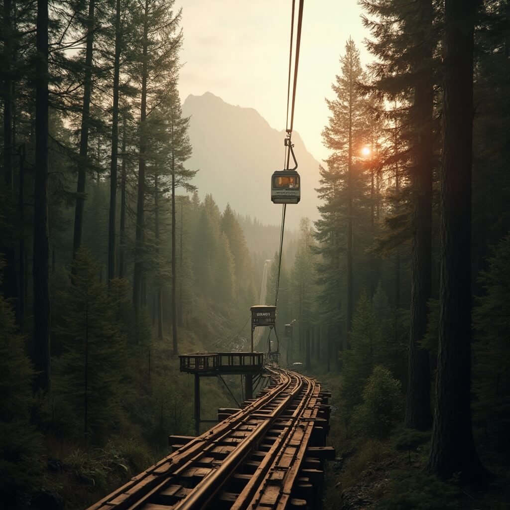Single passenger alpine coaster climbing steep track through pine forest in Smoky Mountains at golden hour