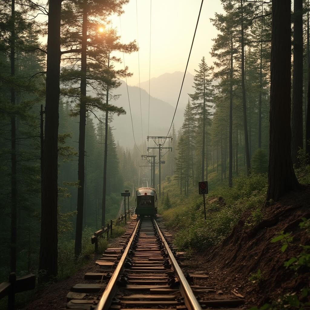Single passenger cart ascending steep Smoky Mountains track via cable-pull system, pine trees forming a natural tunnel, altitude marker signposts along wooden rails, misty mountain peaks and golden hour light peaking through the dense forest in Tennessee.