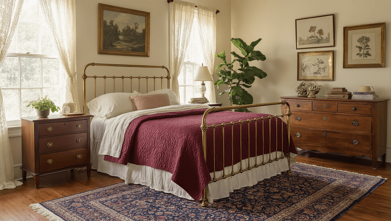 Cinematic wide-angle view of a vintage bedroom featuring an ornate brass bed with a geometric burgundy quilt, cream walls, and warm sunlight filtering through lace curtains, complemented by antique wooden furniture and cozy textiles.