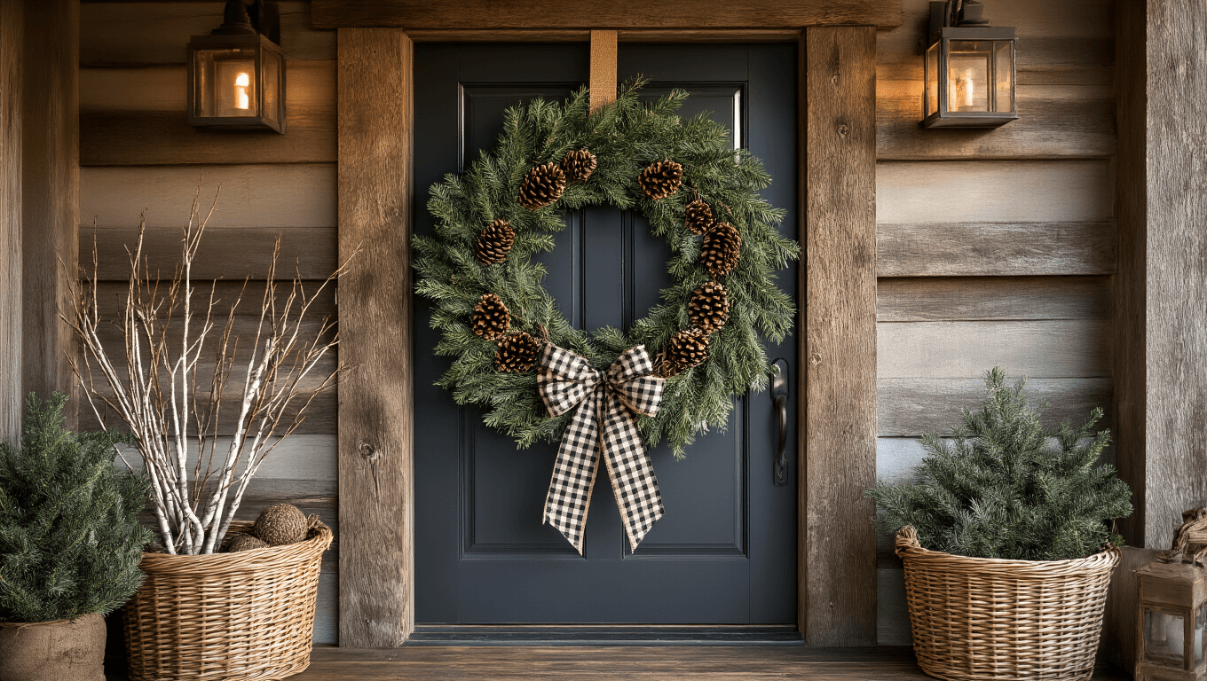 Cinematic wide-angle shot of a rustic winter wreath consisting of evergreen sprigs, natural pinecones, and a buffalo check ribbon bow, hanging on a charcoal grey farmhouse door, with warm golden hour light and a cozy atmosphere.