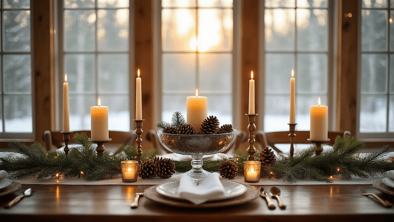 Cinematic overhead view of a rustic mahogany dining table adorned with a silver runner, natural pinecones, evergreen sprigs, and a cozy candlescape, creating a warm winter lodge ambiance.