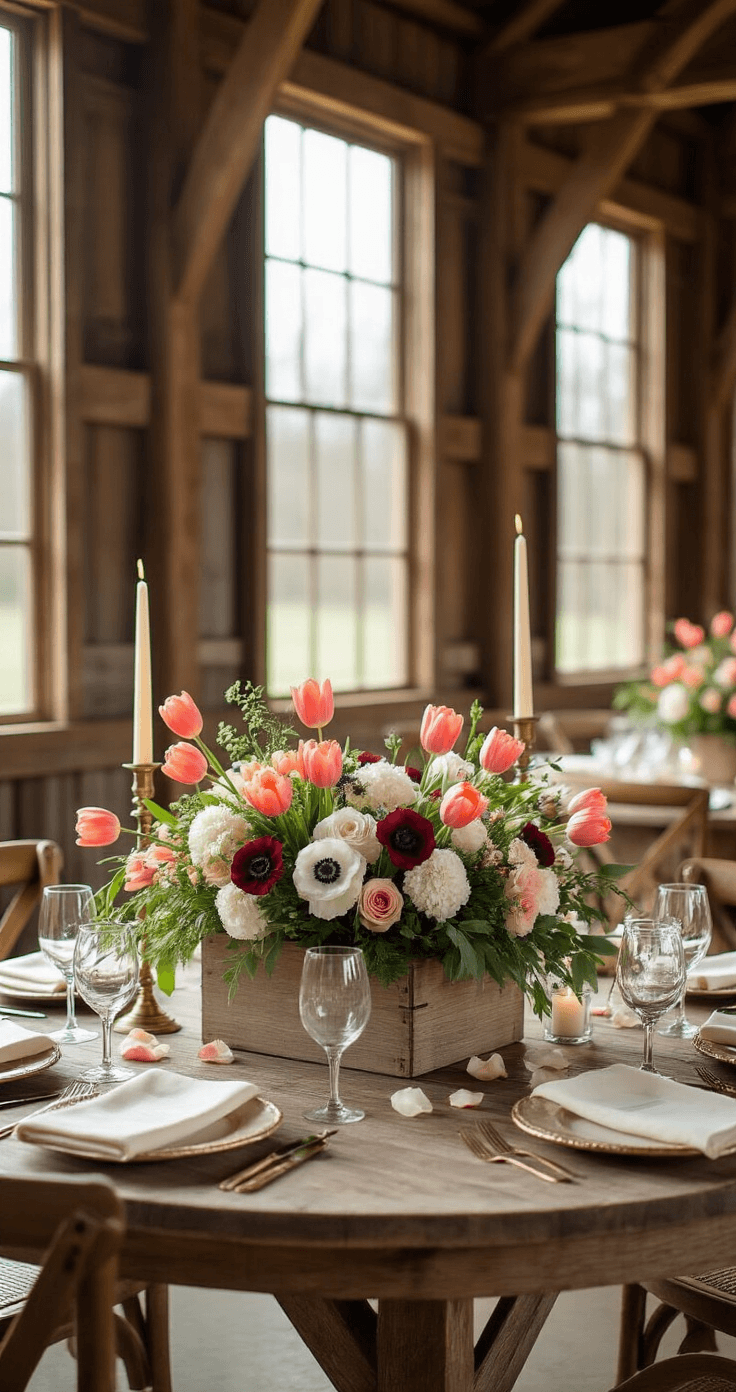 Photorealistic wedding reception table in a barn with wooden beams; features a weathered wood table, garden-style floral centerpieces, vintage china, and soft afternoon light filtering through tall windows.