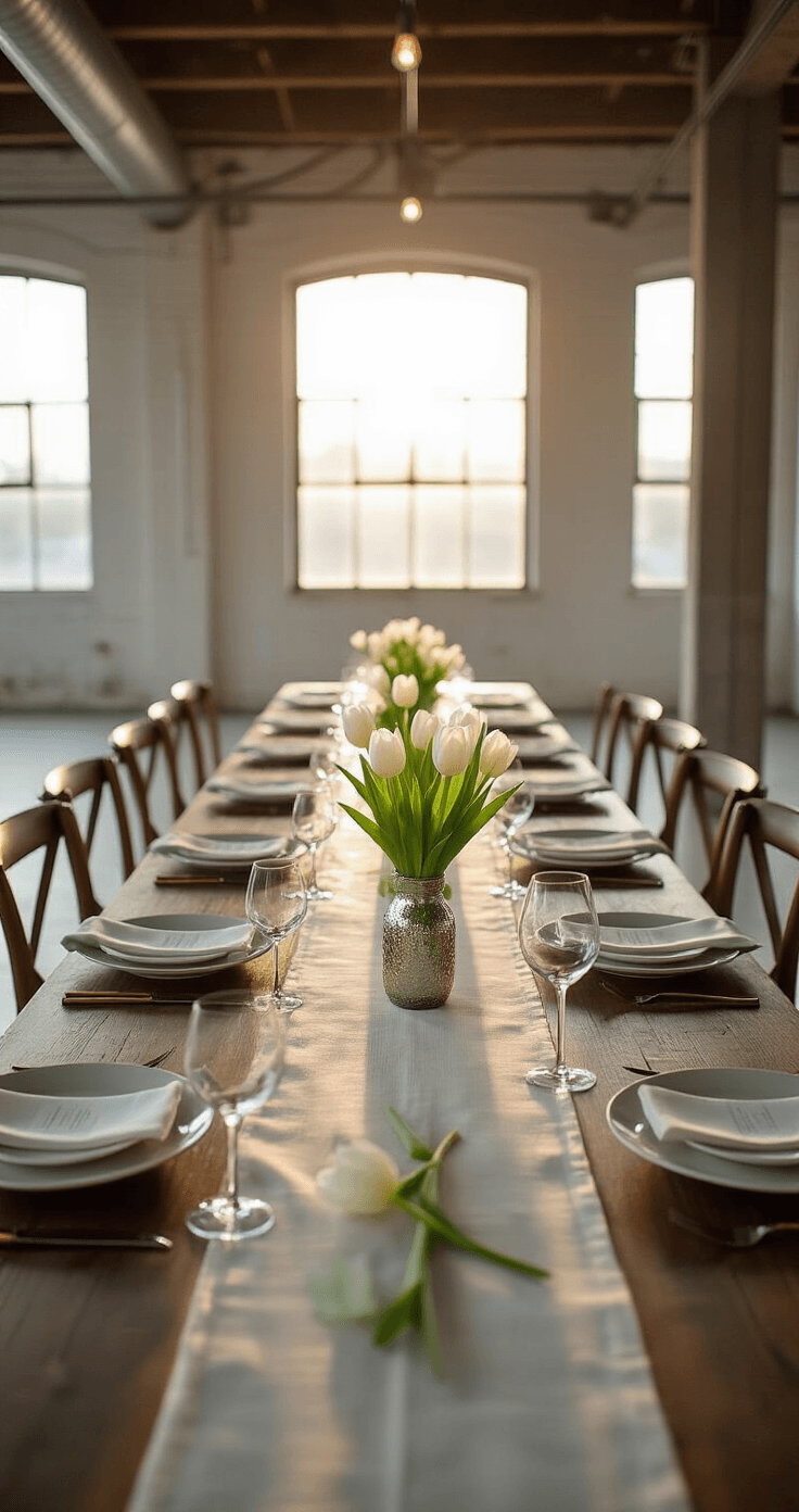 Photorealistic minimalist spring wedding table setting in an industrial loft, featuring a long dark walnut harvest table for 12 with white tulips in mercury glass vases, clean white ceramic plates, sage green linen napkins, sleek stemware, and a sheer ivory runner, illuminated by soft golden hour lighting.
