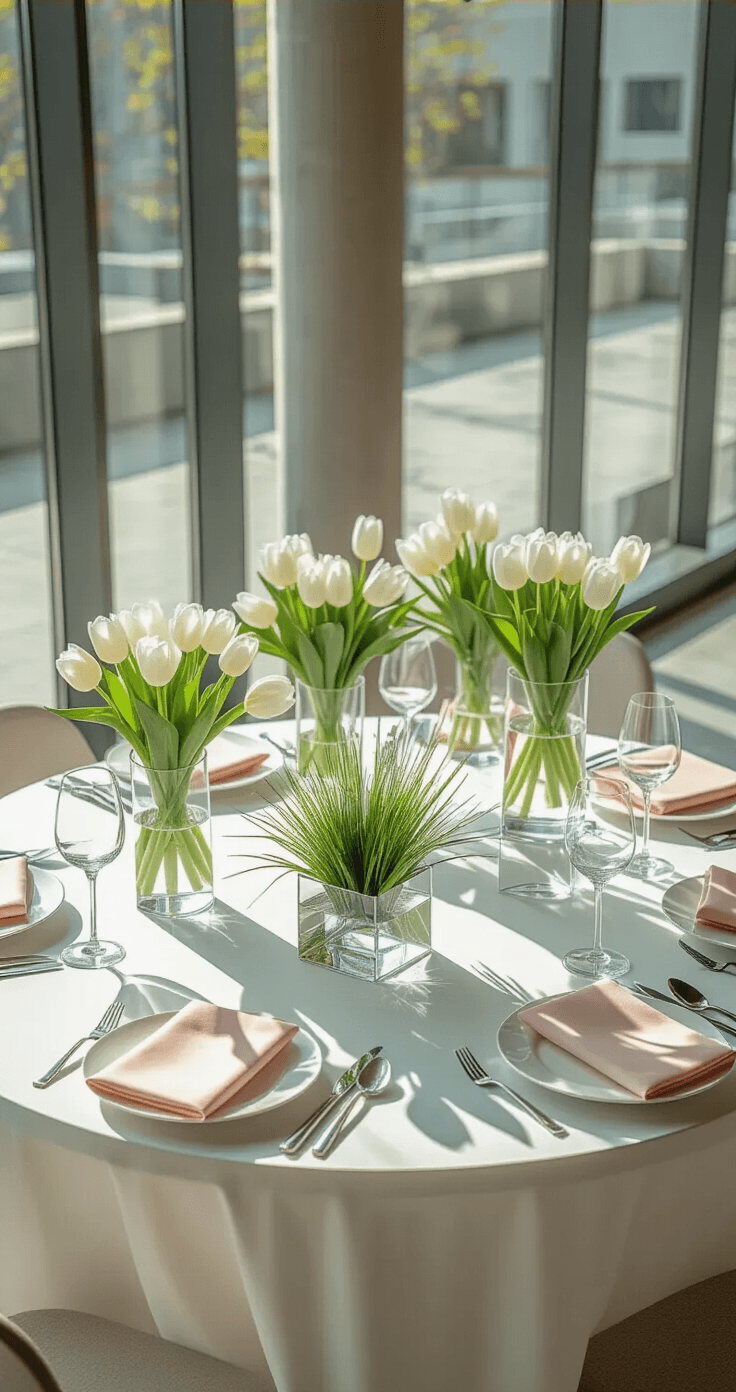 Photorealistic overhead view of a modern spring wedding tablescape featuring a round table with clear acrylic risers displaying bright white tulips and ivory roses in geometric glass vases, accompanied by potted arrangements with ribbon grass, sleek white ceramic chargers, and crystal stemware. Blush pink napkins add a touch of color, illuminated by natural light through floor-to-ceiling windows in a contemporary venue with polished concrete floors.