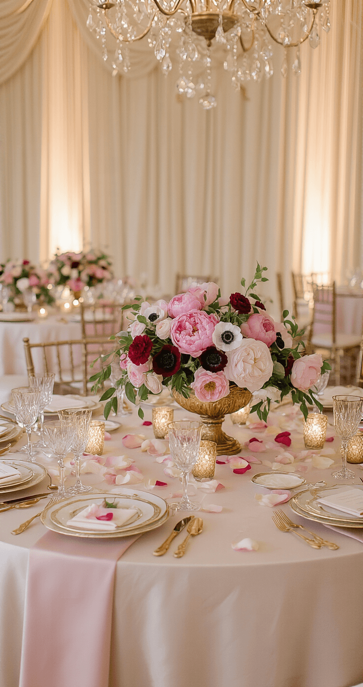 A romantic spring wedding table set for eight in an elegant ballroom, featuring cascading floral arrangements in antique gold compote vessels, soft pink linens, ivory china with gold rim, vintage glassware, and ambient candlelight, all under sparkling crystal chandeliers.