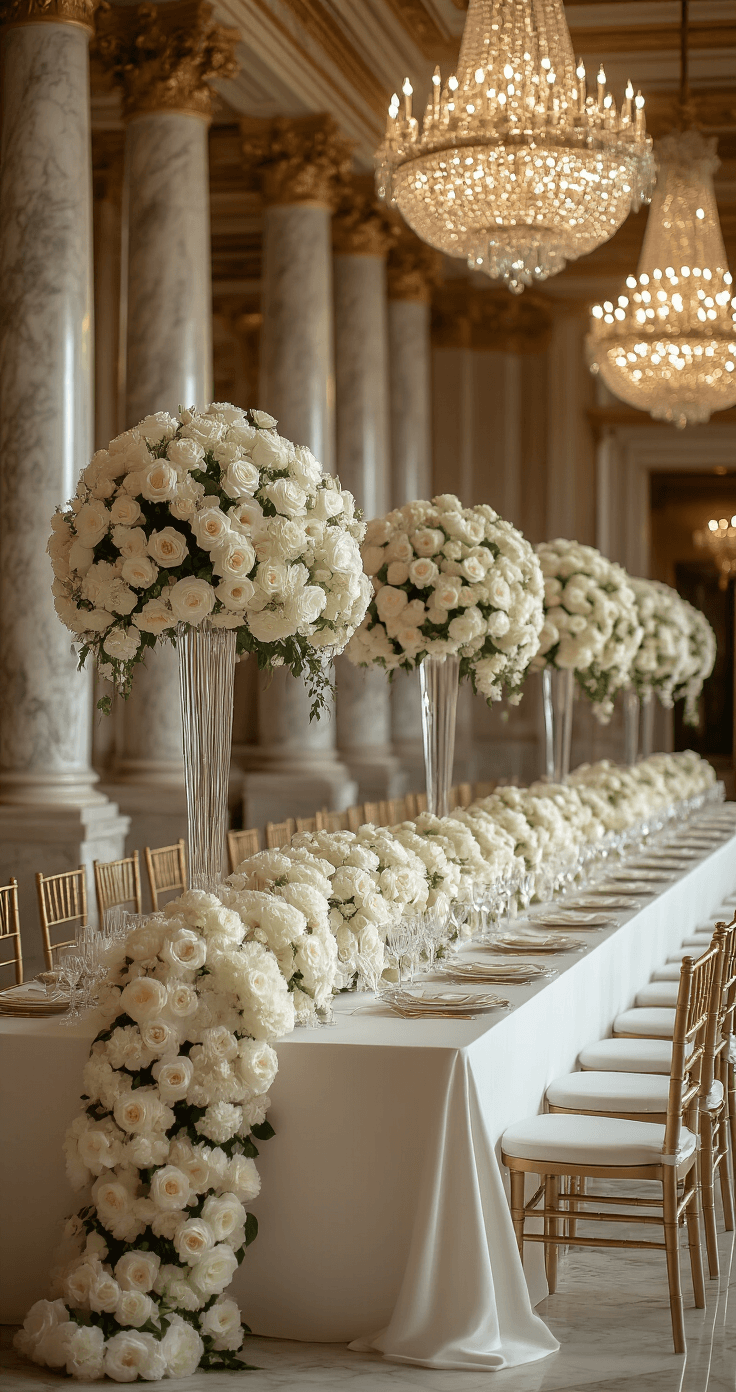 Photorealistic image of an elegant spring wedding head table in a grand ballroom, featuring towering floral arrangements of white roses and ivory peonies, a cascading floral runner, fine china, crystal stemware, and gold Chiavari chairs, captured from a low angle with dramatic uplighting and ornate details.