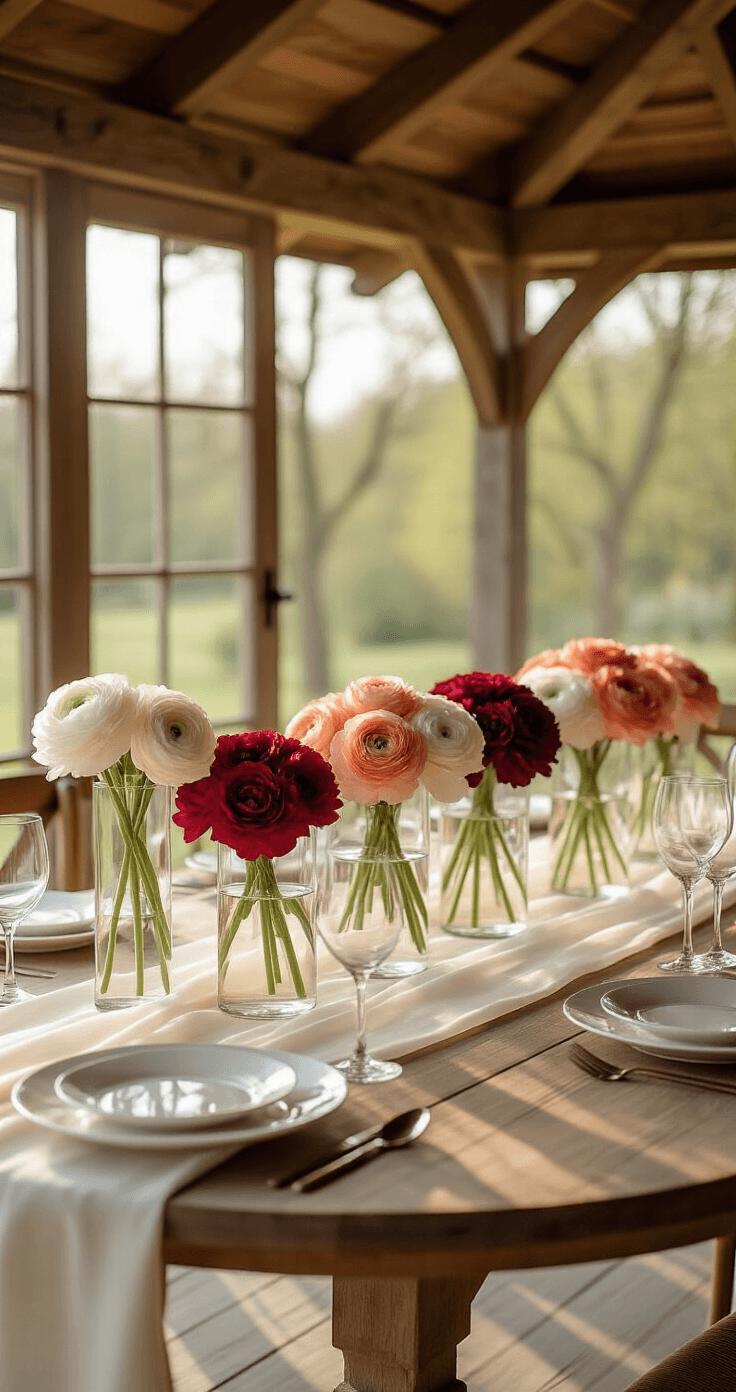 Photorealistic spring wedding table set for 10 in a garden pavilion, featuring a mono-floral design with ranunculus in shades from cream to deep burgundy in glass vases, on a natural wood table with an ivory runner, and simple white dishes and glassware, captured in soft natural light.