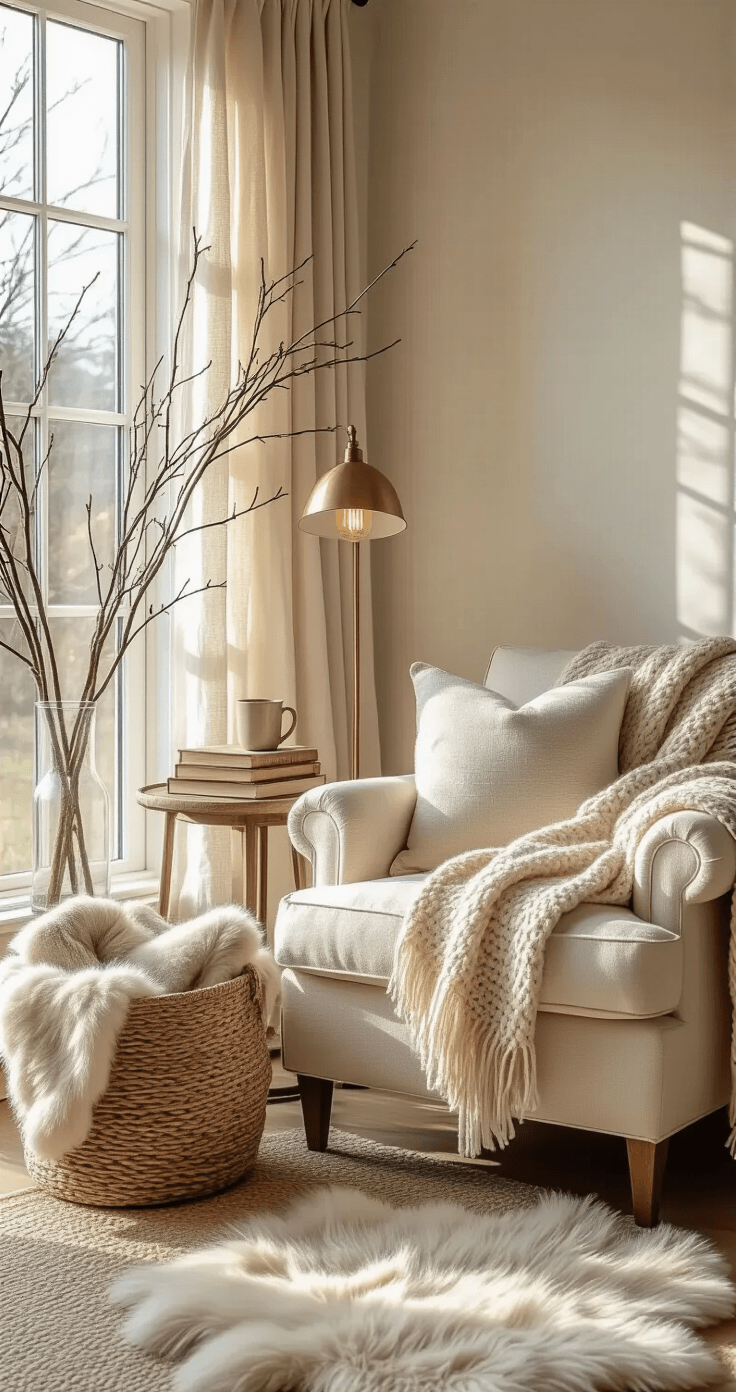 Intimate reading corner featuring a cream linen armchair by a tall window with gauze curtains, illuminated by a brass table lamp. A woven basket overflowing with blankets, a small round table with a ceramic mug and books, bare tree branches in a vase casting shadows on the wall, and a chunky knit throw draped over the armchair, all creating a warm, golden atmosphere.