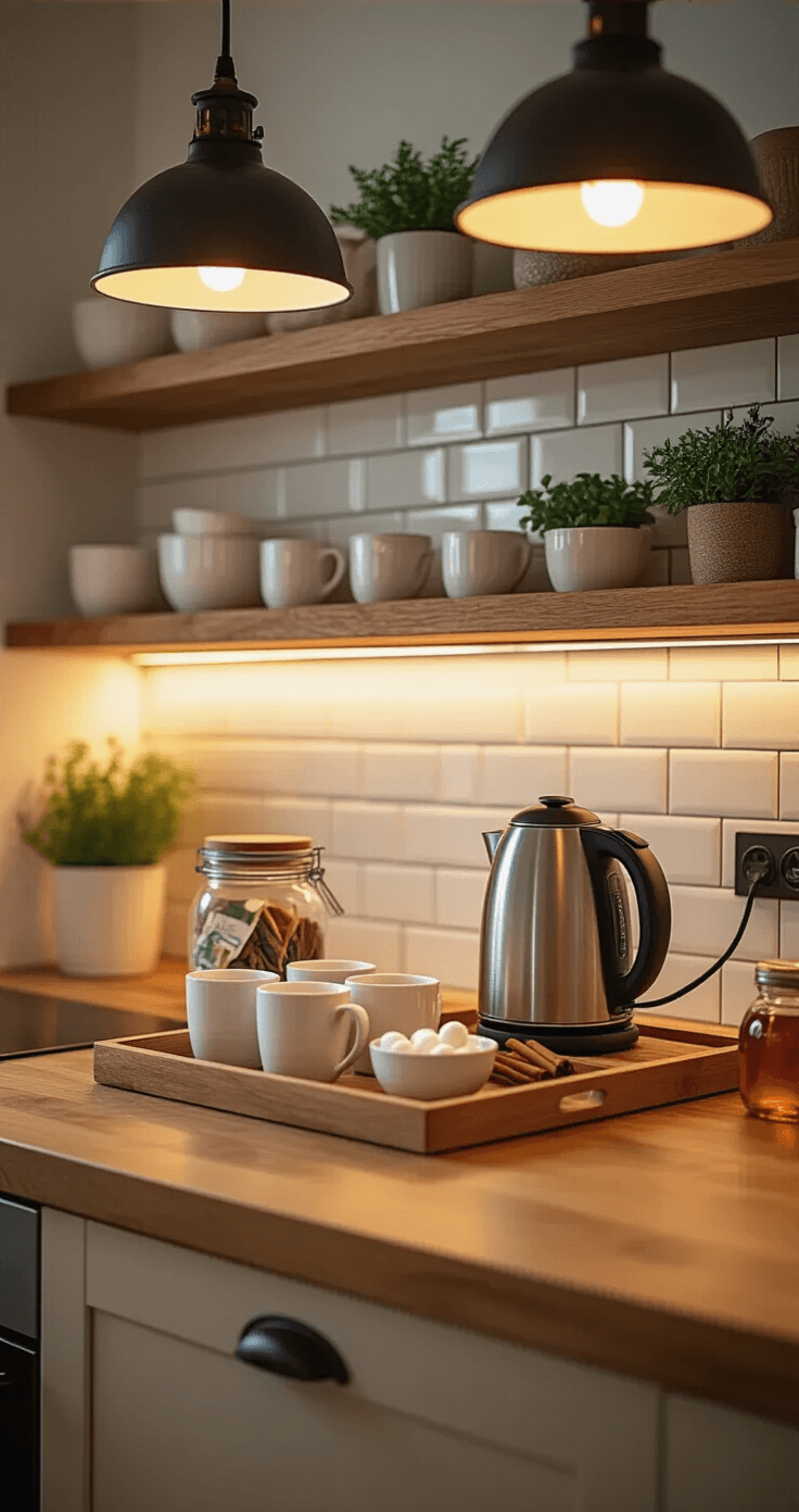 Wide-angle view of a cozy hot beverage station in an open kitchen, featuring an electric kettle, ceramic mugs, assorted tea bags, cinnamon sticks, marshmallows, and honey, all under warm pendant lighting and against a backdrop of open shelving and white subway tiles.