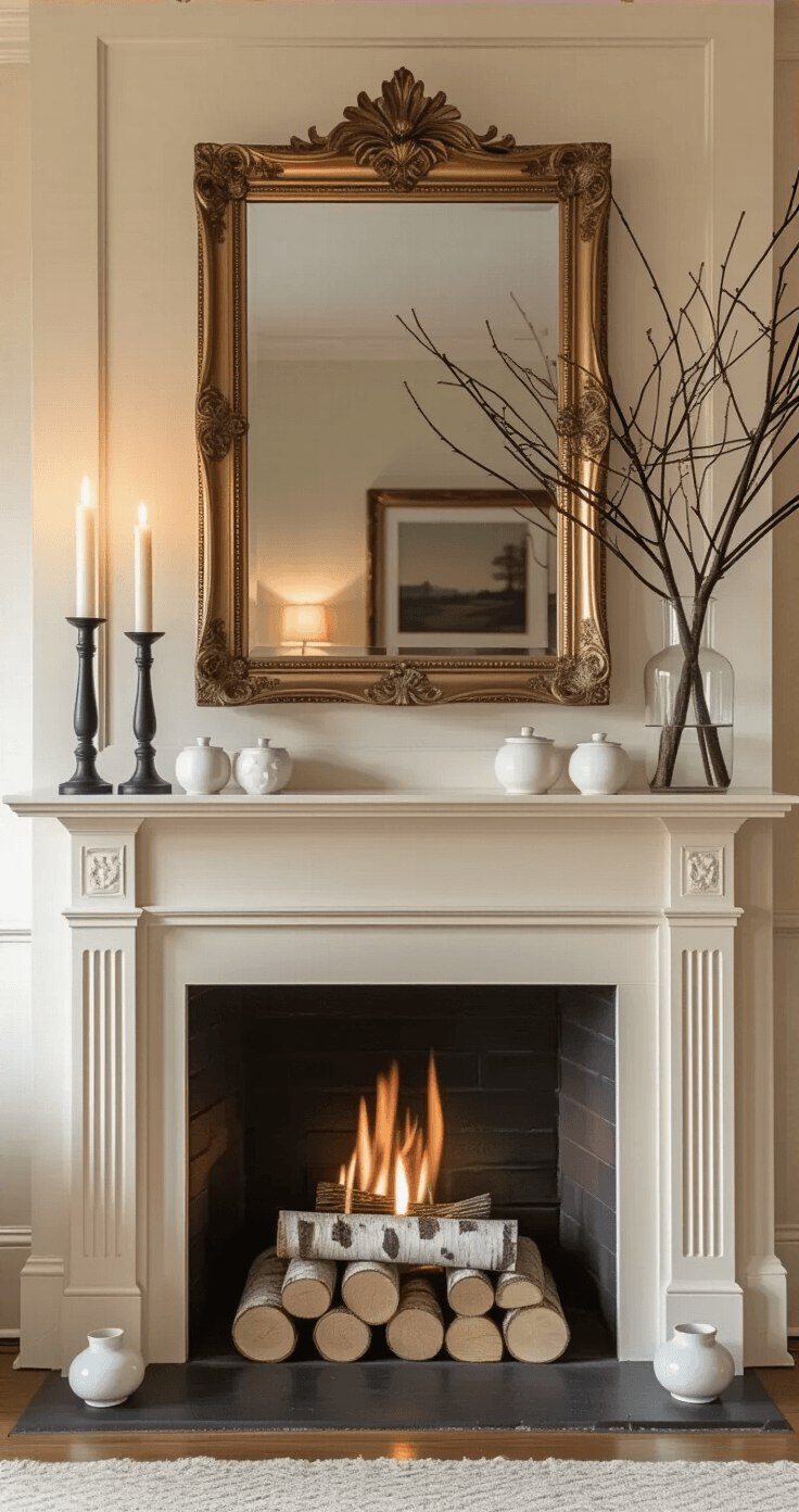 Intimate fireplace mantel scene featuring a large gilt-framed mirror, warm lamplight, black metal candlesticks with burning pillar candles, a glass vase with twisted branches, white ceramic objects, and stacked birch logs, all highlighting a cozy winter ambiance.
