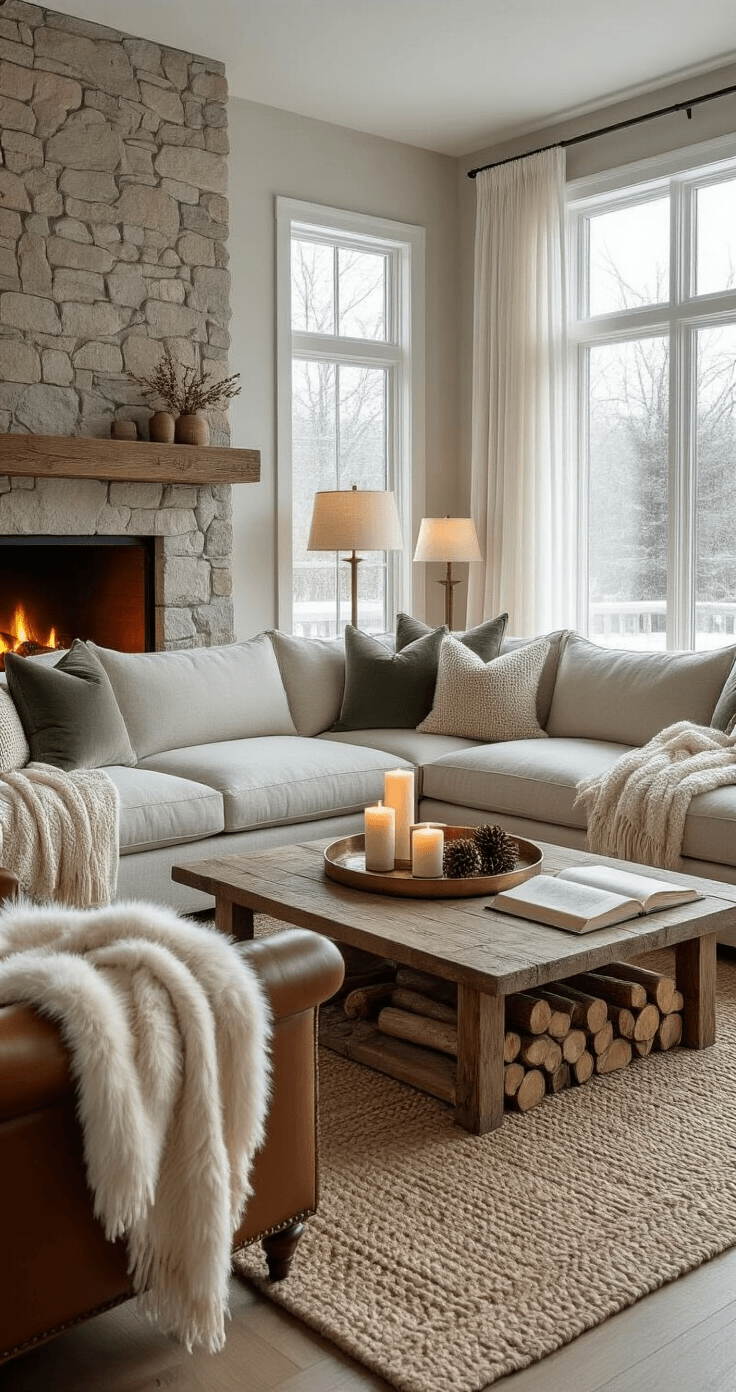 Photorealistic interior of a cozy living room featuring a spacious layout with large windows and sheer white curtains, an L-shaped oatmeal linen sectional sofa, stone fireplace with birch logs, reclaimed wood coffee table styled with candles and a vintage book, layered textiles, and warm ambient lighting creating a golden hour atmosphere.