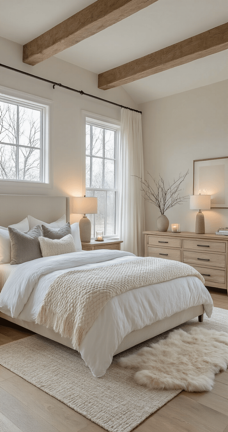 Photorealistic master bedroom at dusk featuring a king-size bed with white duvet and cream quilted throw, flanked by oak nightstands, layered textured pillows, sheepskin rug on hardwood floors, large window with white curtains showing winter branches, and warm lighting from bedside lamps, all in a neutral palette of whites and natural wood tones.