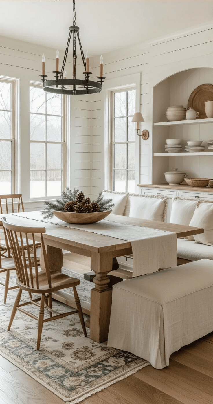 Photorealistic dining room with farmhouse table under a chandelier, decorated with a linen runner, dough bowl, and eucalyptus, featuring mixed seating and a shiplap buffet, warmly lit with a snowy garden view.