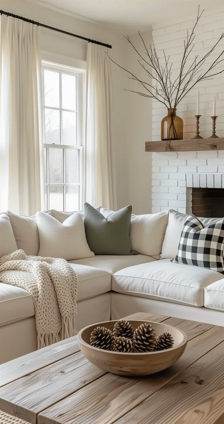 A cozy farmhouse living room bathed in golden hour sunlight, featuring a cream linen sectional sofa facing a white brick fireplace, adorned with mismatched pillows, a chunky knit throw, and a reclaimed oak coffee table holding a dough bowl filled with pinecones. The room is accented by bare birch branches in an amber vase and brass candlesticks, with honey oak flooring and layered rugs enhancing the warm atmosphere.