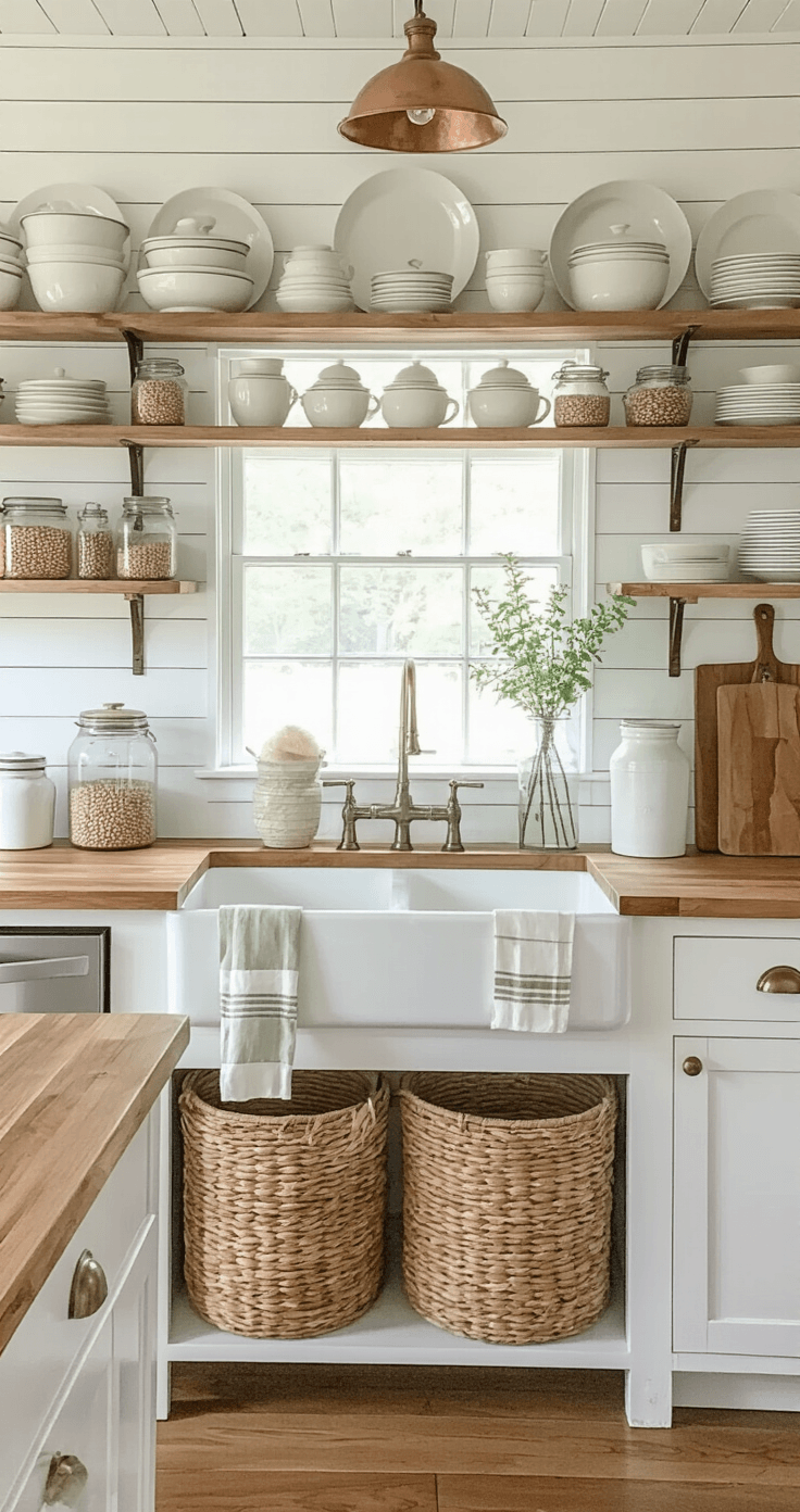 A cozy farmhouse kitchen features white shiplap walls, open shelving with cream ironstone dishes and fresh boxwood, a butcher block countertop, woven baskets, linen tea towels, vintage amber glass jars, cotton stems in a mason jar, and copper pendant lights, all softly illuminated by morning light.