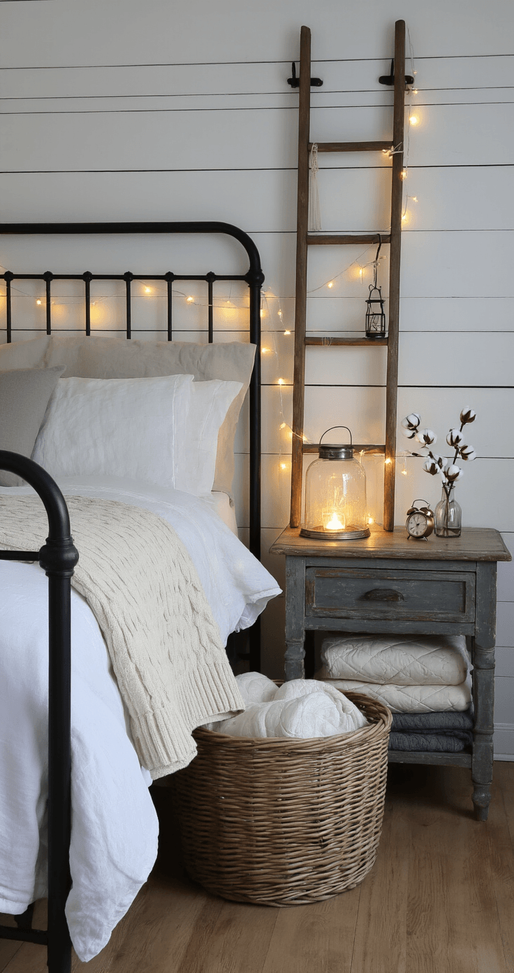 Intimate farmhouse bedroom corner at blue hour, featuring fairy lights in a glass cloche, a matte black iron bed with layered white and cream bedding, a wicker basket overflowing with quilts, a vintage ladder with lanterns, a nightstand with a bud vase of cotton stems and books, and soft linen curtains filtering evening light.