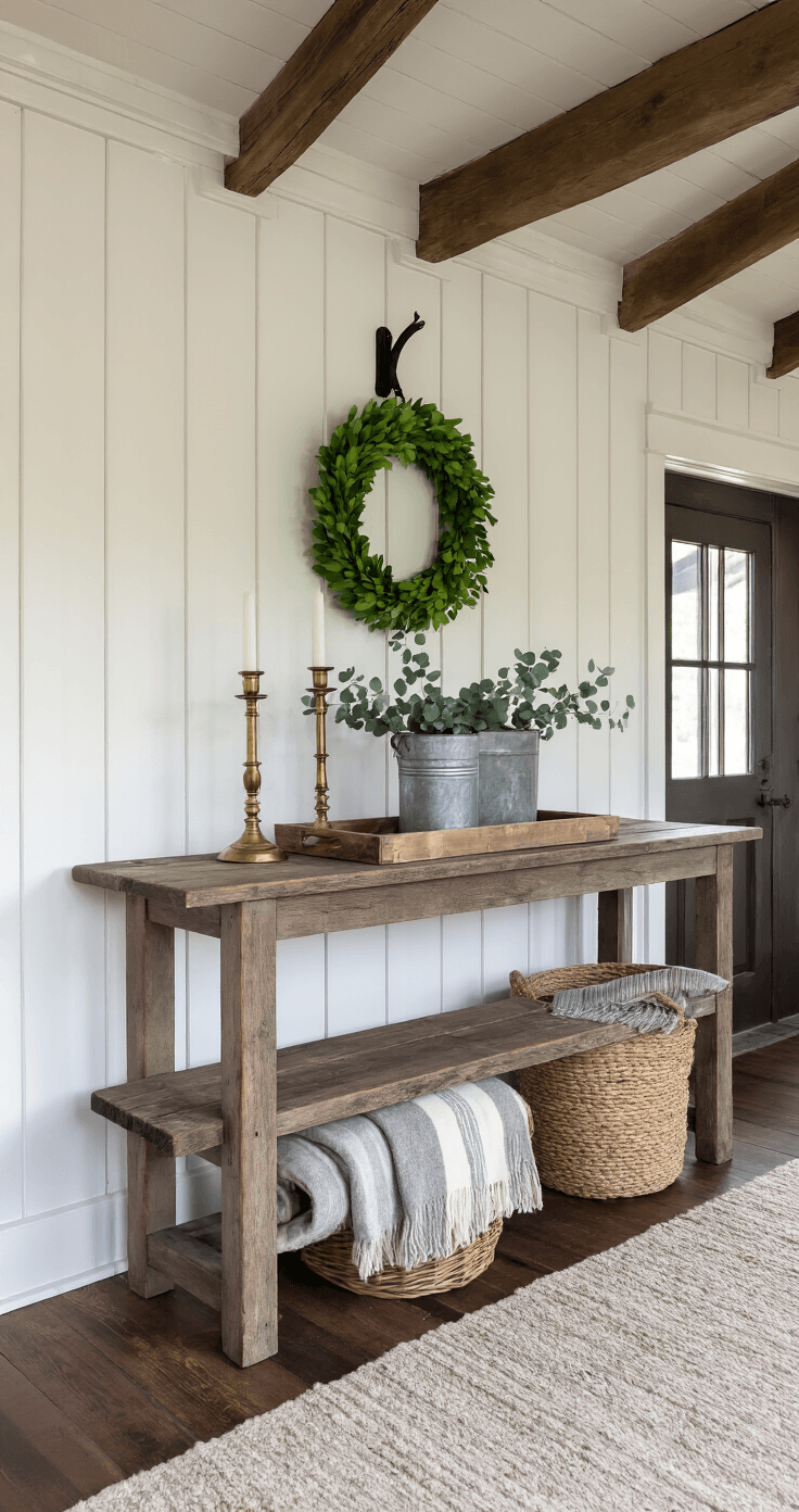 A rustic farmhouse entryway featuring cathedral ceilings with dark wood beams, a reclaimed barn wood console table with brass candlesticks and eucalyptus, a boxwood wreath on a black hook, an original chippy paint vintage church pew, a jute basket filled with rolled wool blankets, wide-plank chestnut floors, a deep charcoal sliding barn door, and a vintage ladder with burlap and potted herbs, all bathed in warm late afternoon light.