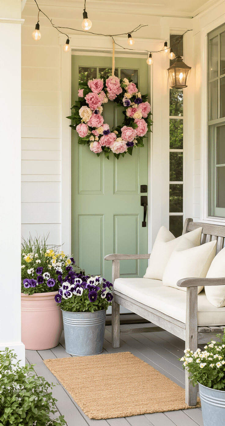 A welcoming front porch with a sage green door and a lush spring wreath, surrounded by pink peonies and cream roses, large blush pink planters with purple pansies and yellow snapdragons, a weathered bench with linen cushions, and string lights overhead, all bathed in soft golden hour light.
