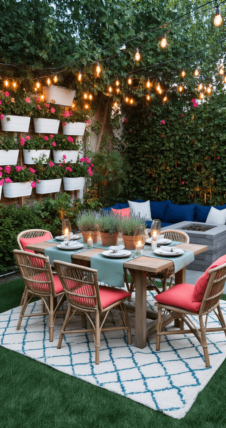 An intimate backyard dining corner at blue hour, featuring a rustic wooden table set for four with a sage green runner, surrounded by weather-resistant rattan chairs with coral cushions. Potted lavender and rosemary centerpieces add fragrance, while flickering Edison bulb candles provide warm lighting. A geometric outdoor rug in cream and turquoise anchors the scene, complemented by a vertical garden wall with trailing vines and pink geraniums. In the background, a cozy U-shaped seating area with navy cushions faces a stone fire pit, all illuminated by string lights intertwined with jasmine vines against a twilight sky.