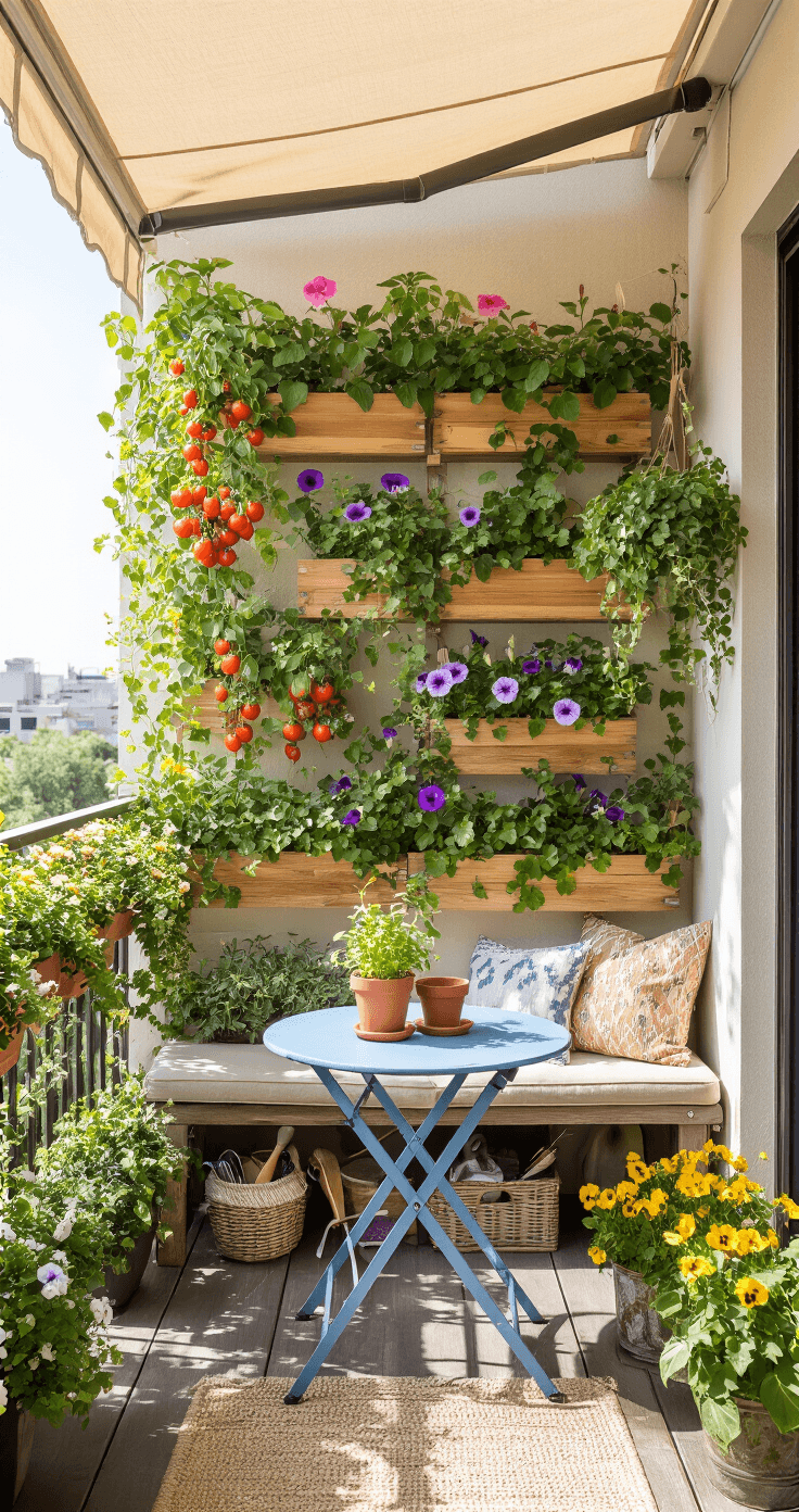A small balcony transformed into a vibrant vertical garden with wooden planters filled with cherry tomatoes, morning glories, and cucumbers, featuring a powder blue bistro set, terracotta herb pot, and colorful railing planters.