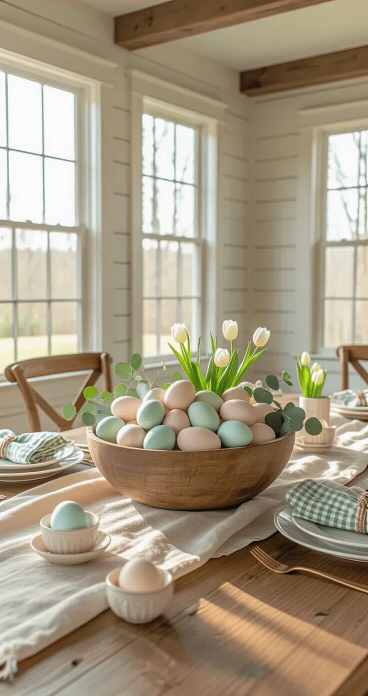 A photorealistic dining room featuring an elegant Easter centerpiece on an 8-foot farmhouse table, illuminated by golden hour light. The rustic dough bowl filled with pastel eggs is surrounded by white ceramic dinner plates, gingham napkins, and small egg cups with tulips, all set against a backdrop of exposed wooden beams and dove gray shiplap walls.