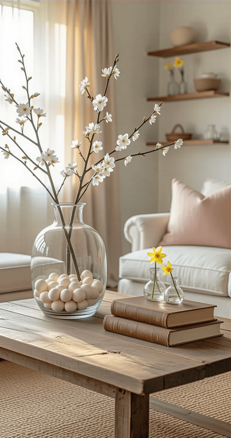A cozy living room vignette featuring a large glass hurricane vase with faux eggs and cherry blossom branches, a neutral linen sofa with a pink throw pillow, a stack of vintage books, and daffodils in mini vases, all bathed in warm afternoon light.