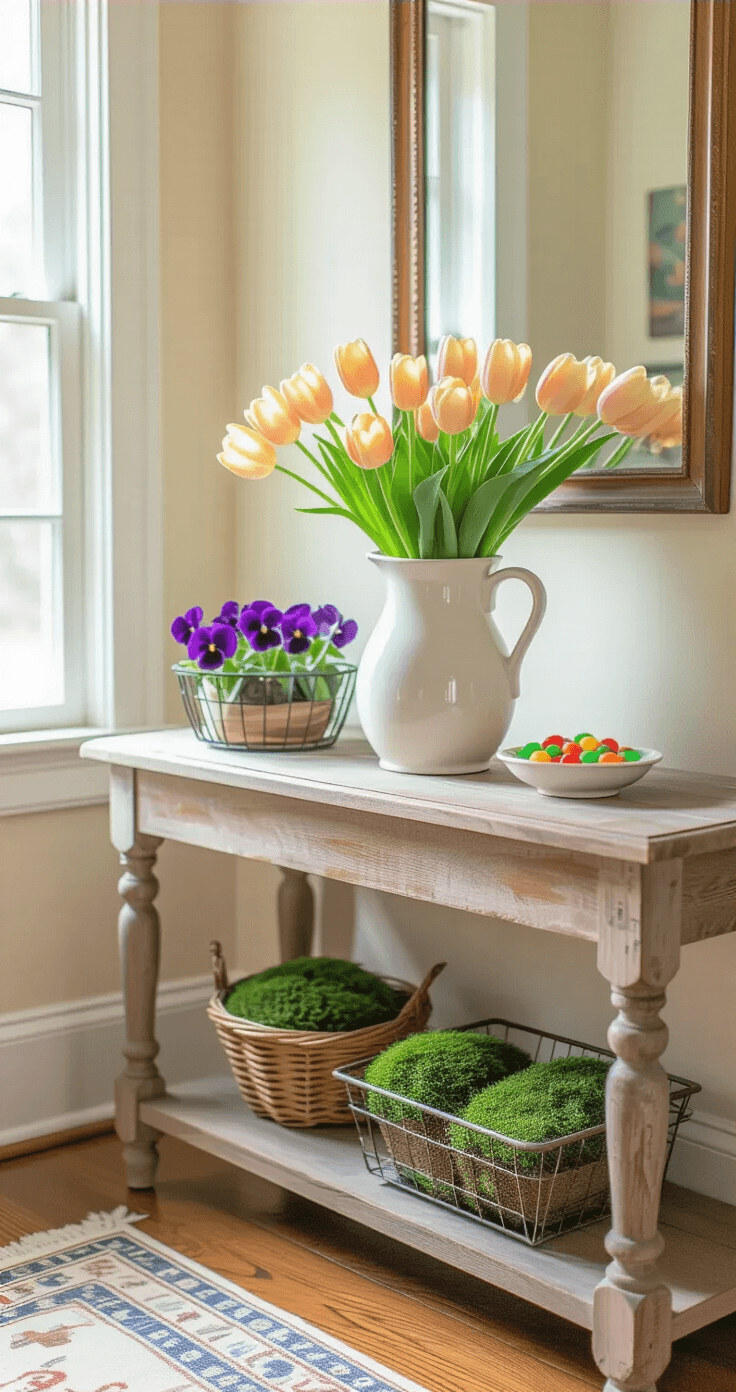 A bright and inviting foyer with morning light, featuring a vintage ceramic pitcher filled with pale yellow and peach tulips on a weathered wood console table, surrounded by purple pansies in a wire basket, colorful jelly beans, and a natural flax linen runner, complemented by warm cream walls and a vintage mirror.