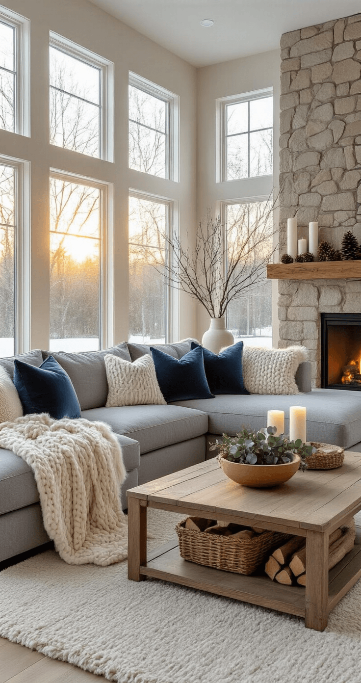 Photorealistic living room interior during golden hour with tall windows, a gray sectional couch, cream cable-knit throws, icy blue pillows, a rustic wooden coffee table with eucalyptus and candles, and a stone fireplace adorned with birch branches and pinecones, all set against neutral taupe walls and a plush cream rug.