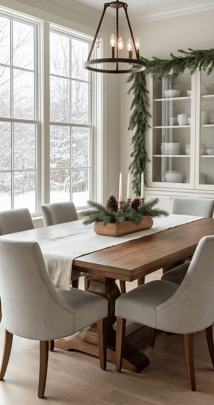 Elegant dining room with snow-dusted landscape visible through large windows, featuring a rich walnut table set with a linen runner, evergreen centerpiece, taper candles, and upholstered chairs, all bathed in warm winter light.