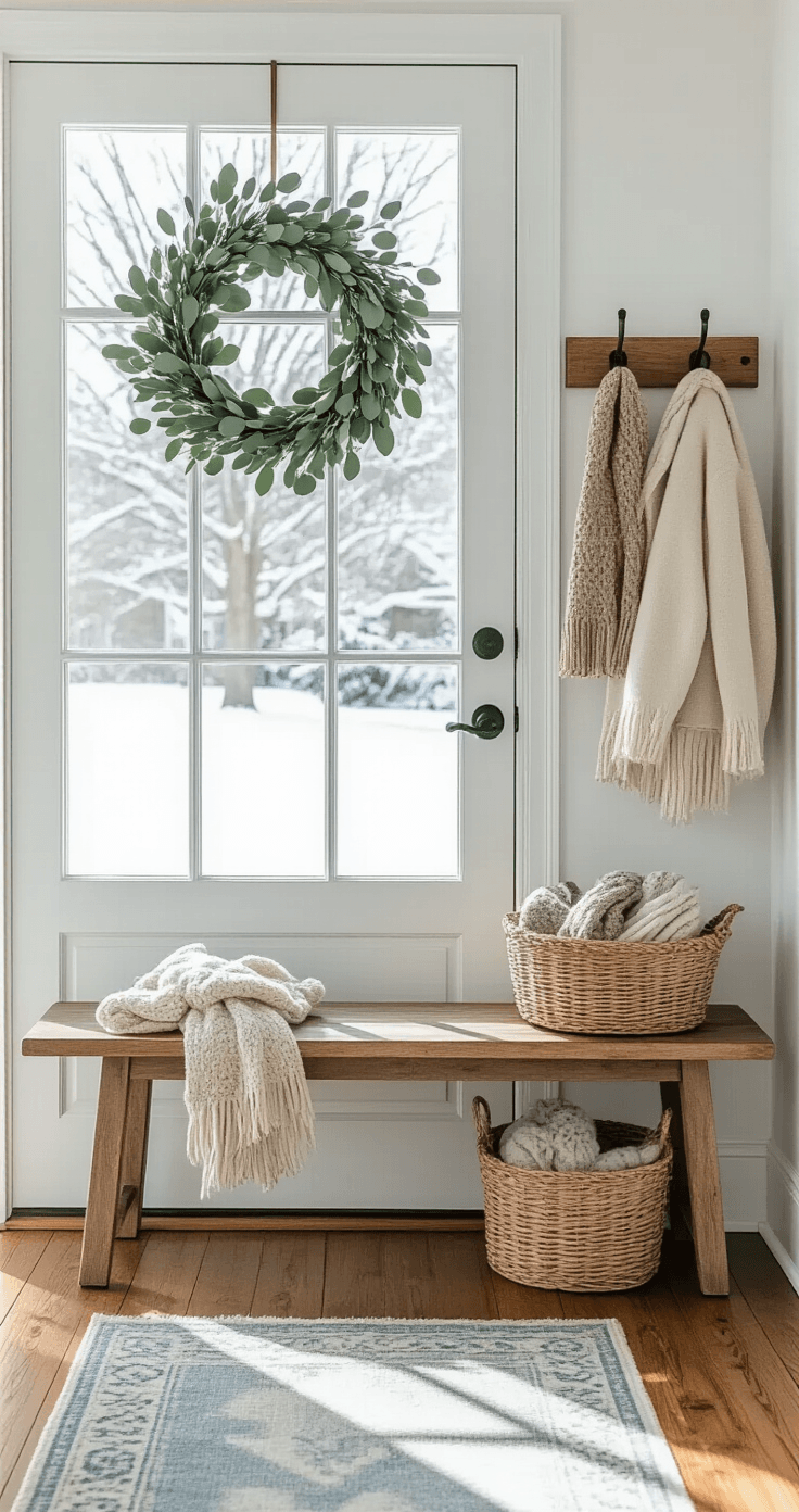 Bright winter entryway with a white front door and glass panels showcasing a snowy scene, adorned with a natural eucalyptus and olive branch wreath. Rustic bench with a woven basket of wool scarves and mittens, vintage coat hooks with a cream wool coat and knit scarf, and wooden floors with a small Persian runner. Fresh paperwhite bulbs in galvanized planters add charm, as natural light creates geometric shadows on the floor.