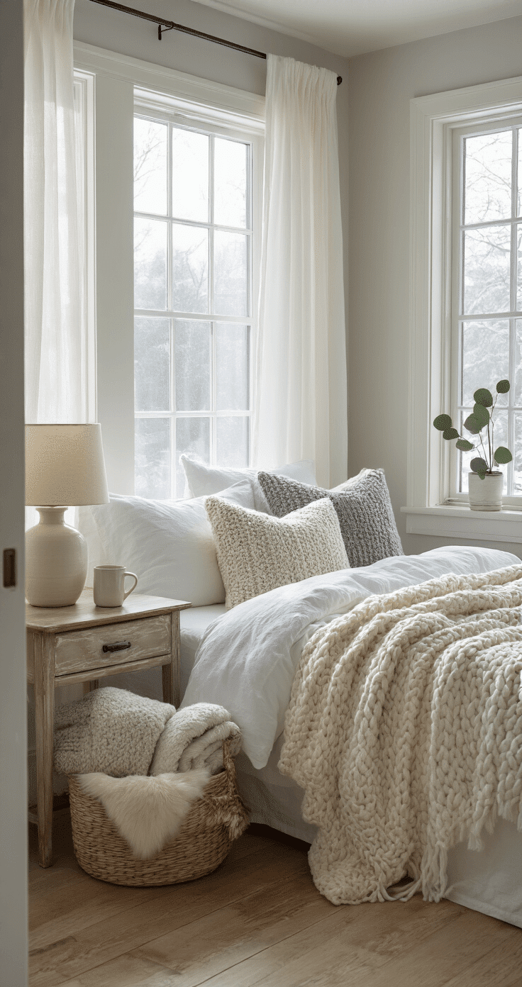 Cozy bedroom corner with unmade bed and textured pillows, bathed in soft winter morning light from large windows with sheer white curtains, featuring a weathered wood nightstand and a basket of throw blankets.