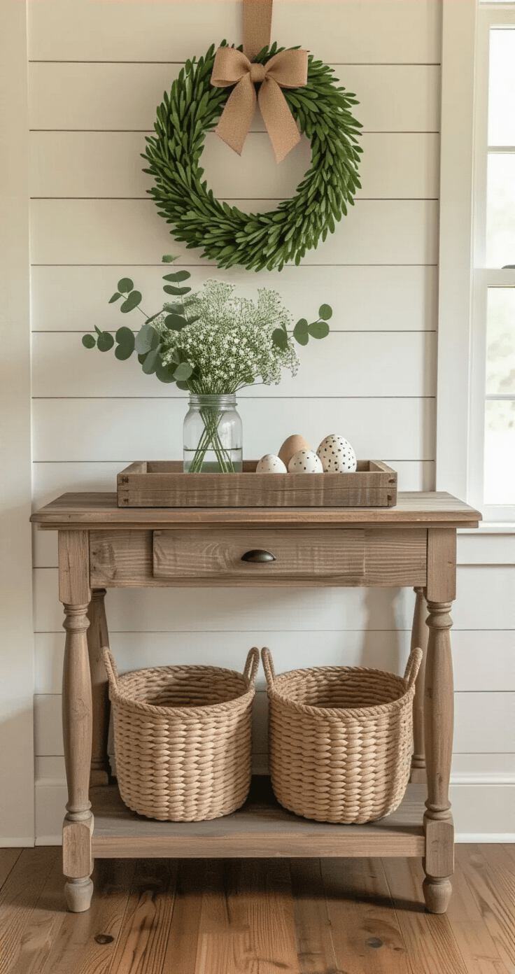A warm farmhouse entryway featuring a rustic reclaimed wood console table with a weathered tray holding a mason jar of eucalyptus and baby's breath, accompanied by speckled ceramic eggs, a boxwood wreath above, and woven baskets beneath, all bathed in soft natural light at golden hour.