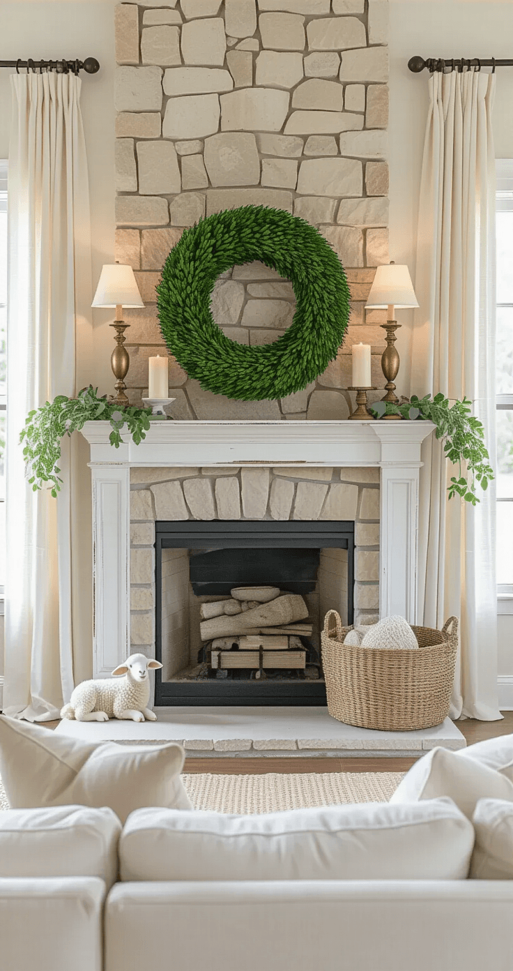 A beautifully styled farmhouse living room mantel for spring, showcasing a large boxwood wreath, weathered brass candlesticks with ivory candles, and a small wooden egg, all bathed in soft afternoon light with a warm glow from a nearby table lamp.