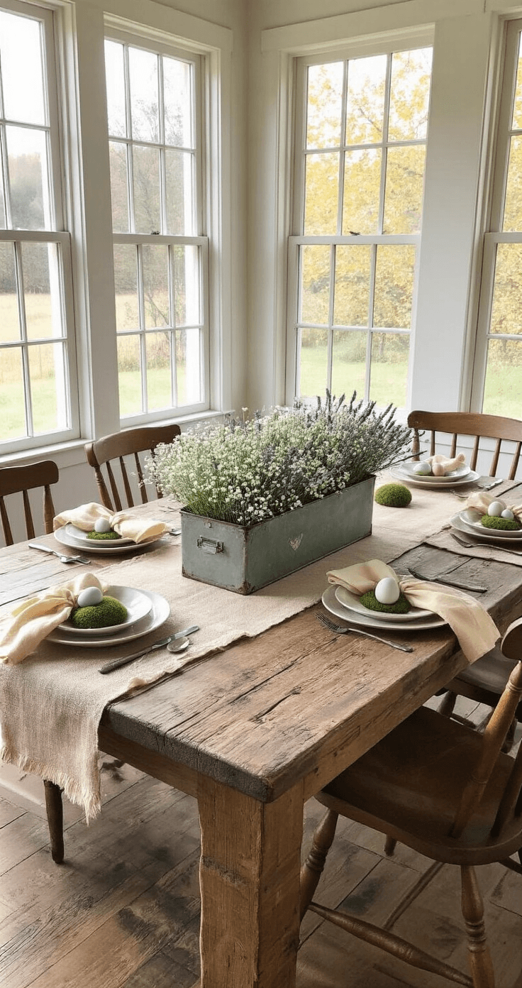 A bright farmhouse dining room featuring a reclaimed barn wood table adorned with a vintage toolbox filled with lavender, baby's breath, and eucalyptus, surrounded by Windsor chairs, hand-embroidered napkins, and moss nests with ceramic eggs, captured from a 45-degree angle.