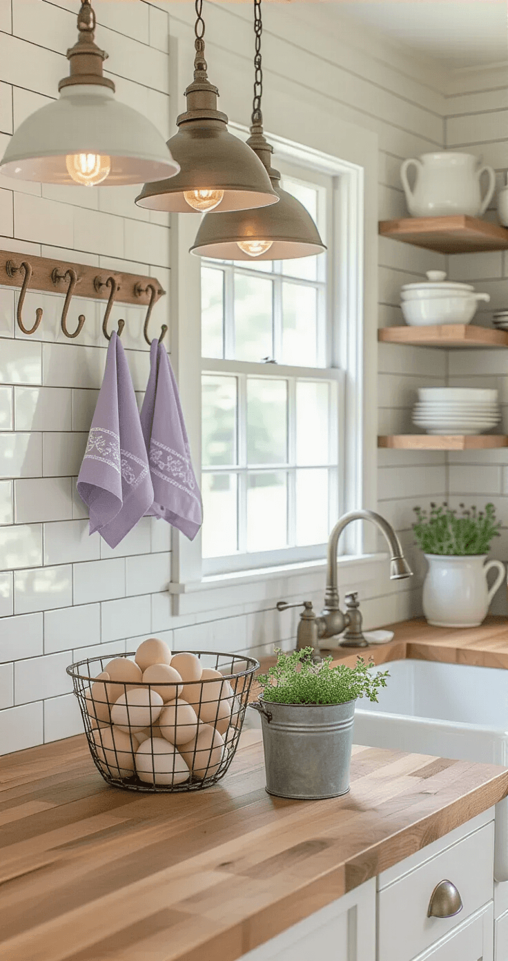 A bright farmhouse kitchen island with a shiplap design, featuring faux eggs in a wire basket, lavender tea towels on brass hooks, fresh herbs in a galvanized bucket, and a farmhouse sink with a subway tile backsplash. Open shelving displays ceramic bunnies among white pottery and mason jars, while butcher block countertops showcase natural wood grain.