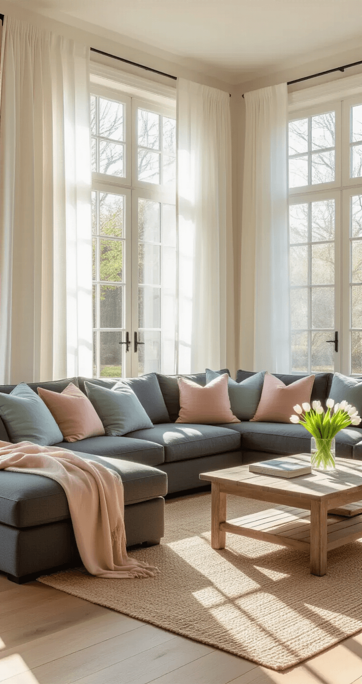 Bright, airy living room with golden sunlight, sheer white curtains, charcoal gray sectional sofa with colorful pillows, jute rug, and fresh tulips on a wooden coffee table, creating an elegant and uncluttered atmosphere.