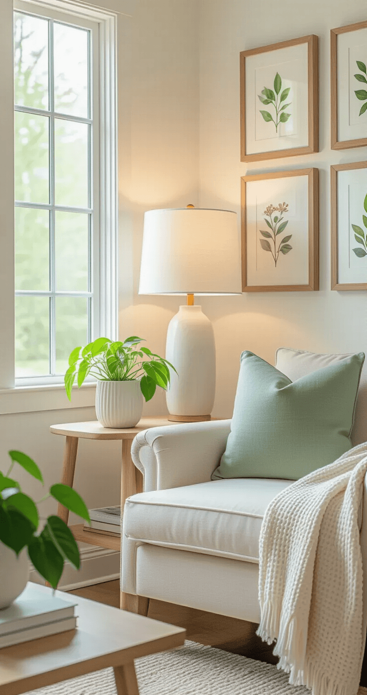 Cozy reading corner with a cream accent chair by tall windows, modern ceramic lamp on a light oak side table, soft white walls with botanical watercolor prints, a pothos plant on a floating shelf, and pale green pillow and linen blanket, all illuminated by warm morning light.