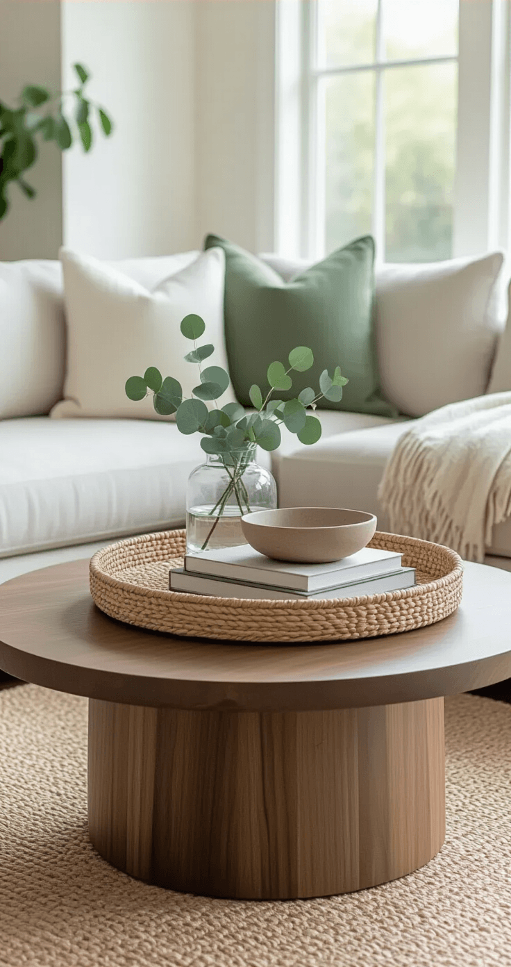 Thoughtfully styled coffee table in a modern living room, featuring a woven tray with a ceramic bowl, soft-colored design books, and eucalyptus stems in a glass vase, surrounded by neutral sectional sofa, sage green and cream pillows, and a jute rug, illuminated by natural light.