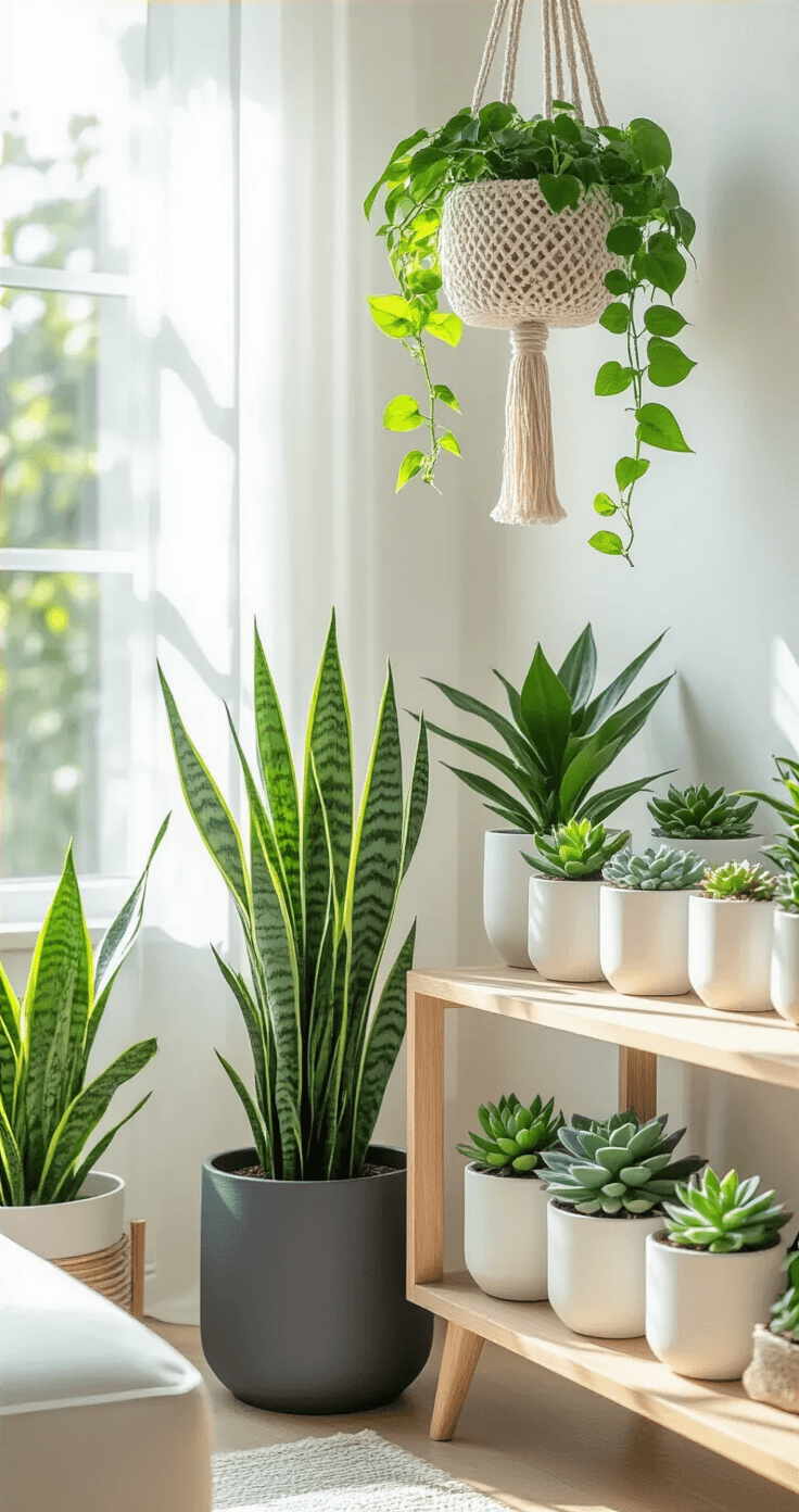 A bright living room corner with low-maintenance plants in modern planters, including a tall snake plant, grouped succulents, and a trailing pothos in a macrame hanger, all against a backdrop of white walls and large windows.