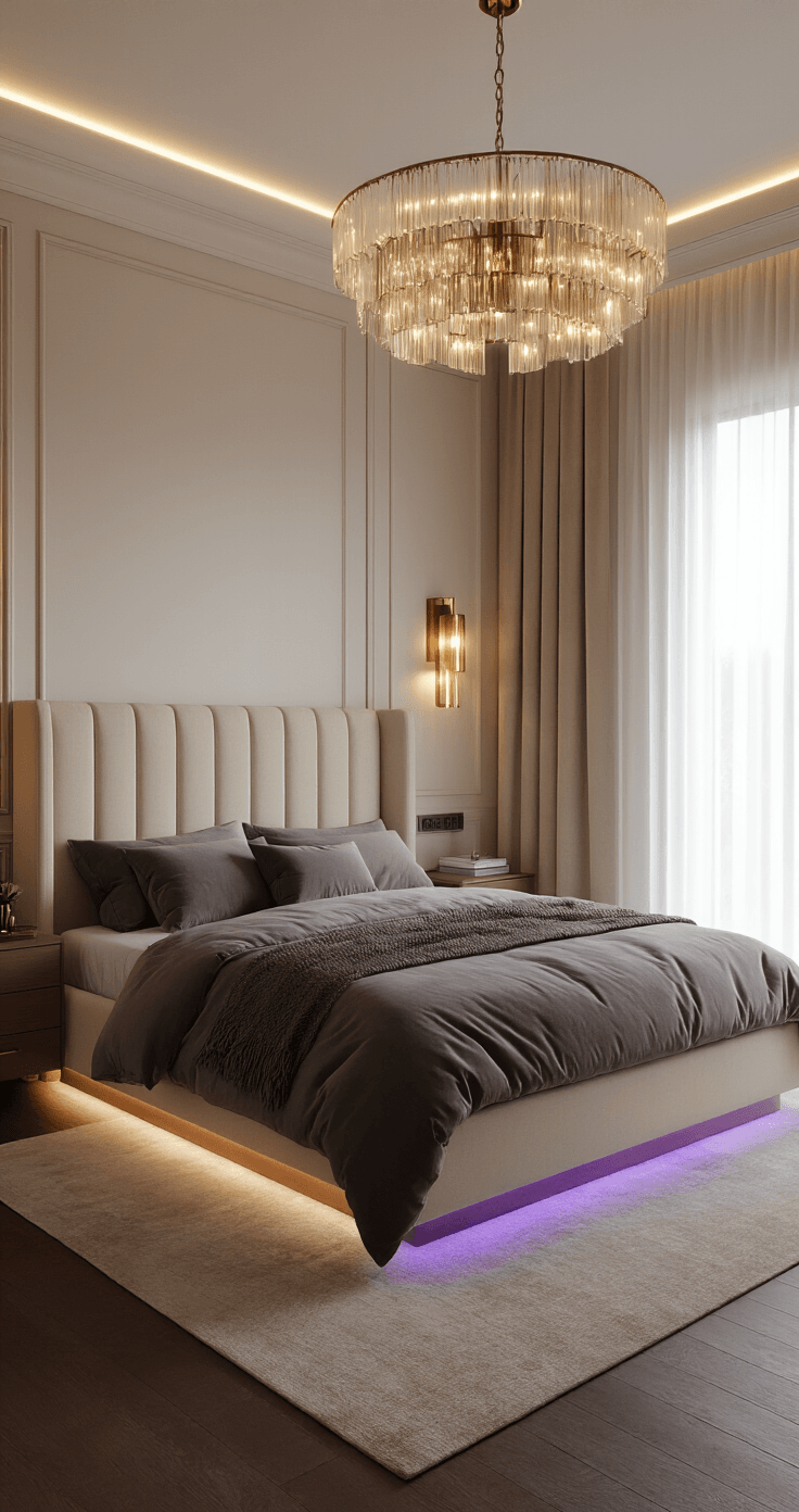 Photorealistic interior of a medium-sized master bedroom during golden hour, featuring a king bed with a plush cream headboard, charcoal linen bedding, and layered lighting design, including a brass chandelier and wall sconces, with sheer curtains filtering sunlight and LED strip lighting casting a purple-blue underglow on hardwood floors.