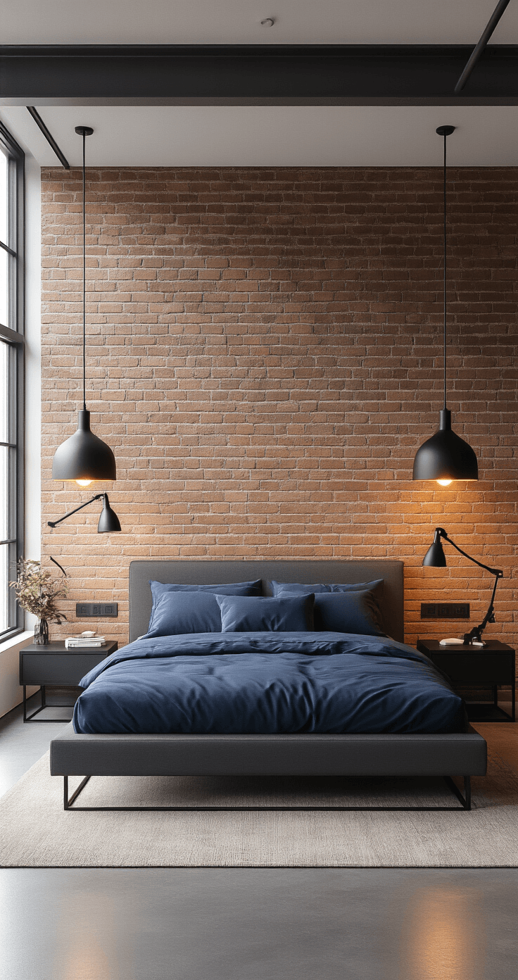 Photorealistic modern bedroom with exposed brick wall, sleek pendant lighting, and rich navy bedding, creating a boutique hotel ambiance.