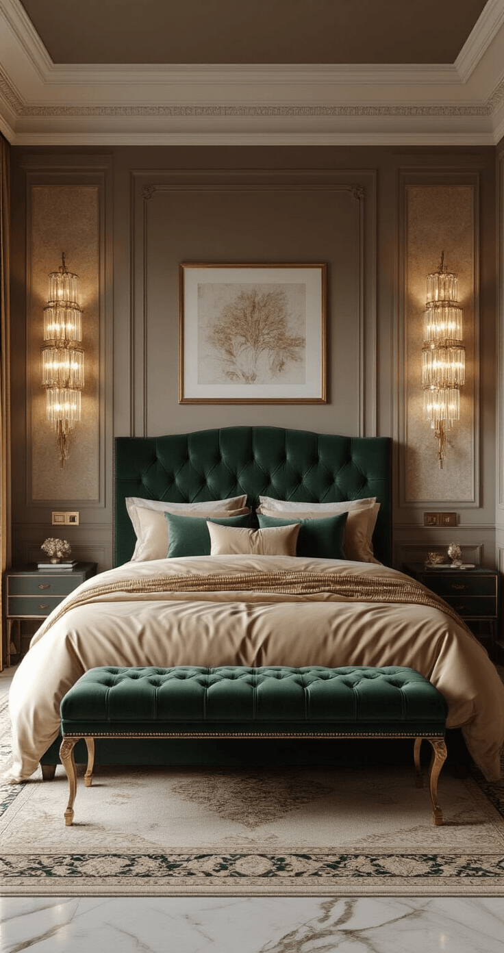 Photorealistic elegant bedroom with upholstered tufted headboard, matching bench, and ornate crystal wall sconces, featuring layered artificial lighting, rich emerald, gold, and cream color palette, coffered ceiling, silk bedding, and Persian rug over marble flooring.