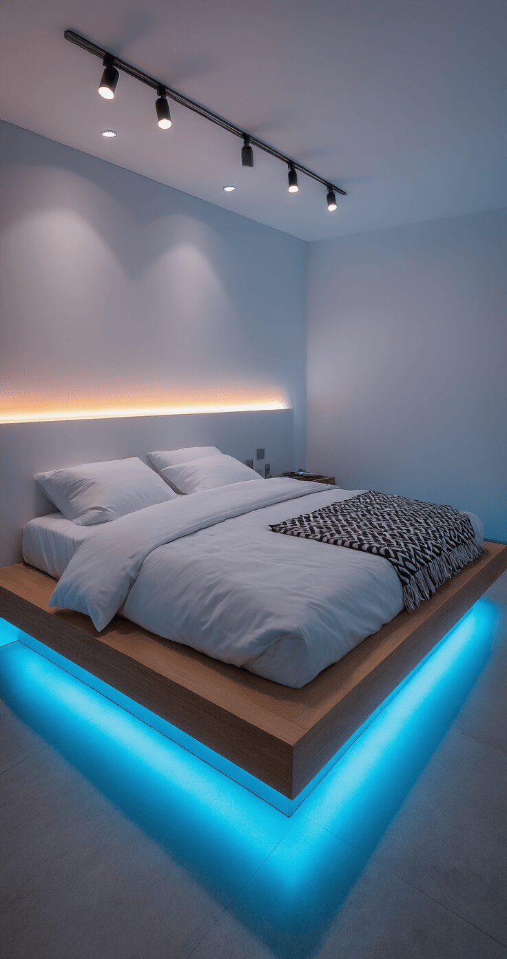 Photorealistic contemporary bedroom at night featuring a floating platform bed with cyan-blue LED strip lighting, soft backlighting behind the headboard, and smart bulbs shifting from cool blue to warm amber, all complemented by white oak furniture and geometric throw blankets in a monochromatic color scheme.
