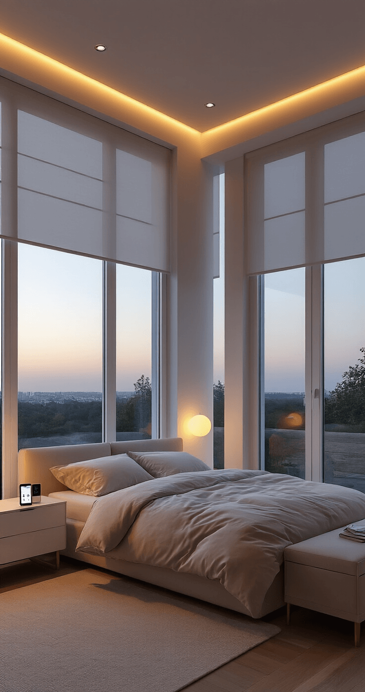 Photorealistic smart home bedroom with contemporary design, featuring floor-to-ceiling windows, partially lowered motorized blackout shades, and a sleek control panel on the nightstand. Warm amber lighting from smart fixtures, including recessed lights and bedside lamps, creates a cozy atmosphere during the transition from day to evening. Clean-lined natural walnut furniture and organic cotton bedding in neutral tones enhance the modern comfort of the space.
