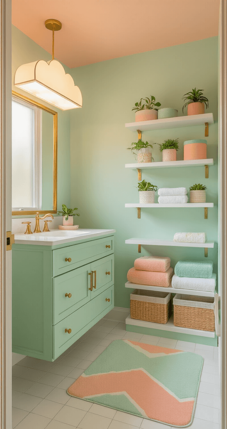A compact mint green bathroom with peach accents, featuring a floating vanity, white shelves, and geometric decor, illuminated by warm golden hour light.