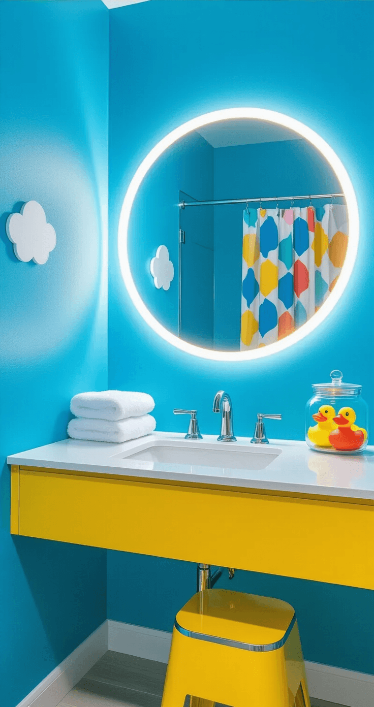 Intimate close-up of a vibrant bathroom corner featuring an electric blue accent wall, a sunshine yellow floating vanity, white countertops, and modern chrome fixtures, illuminated by LED strip lighting behind a circular mirror, with fluffy towels on cloud-shaped hooks and a glass jar of colorful rubber duckies on a shelf.