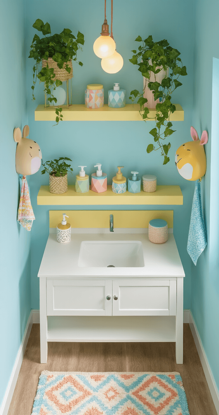 Overhead view of a pastel-themed bathroom with baby blue walls and buttery yellow accents, featuring a corner white vanity with rainbow soap dispensers and trailing ivy, layered rugs, and colorful LED pendant lights, captured in soft morning light.