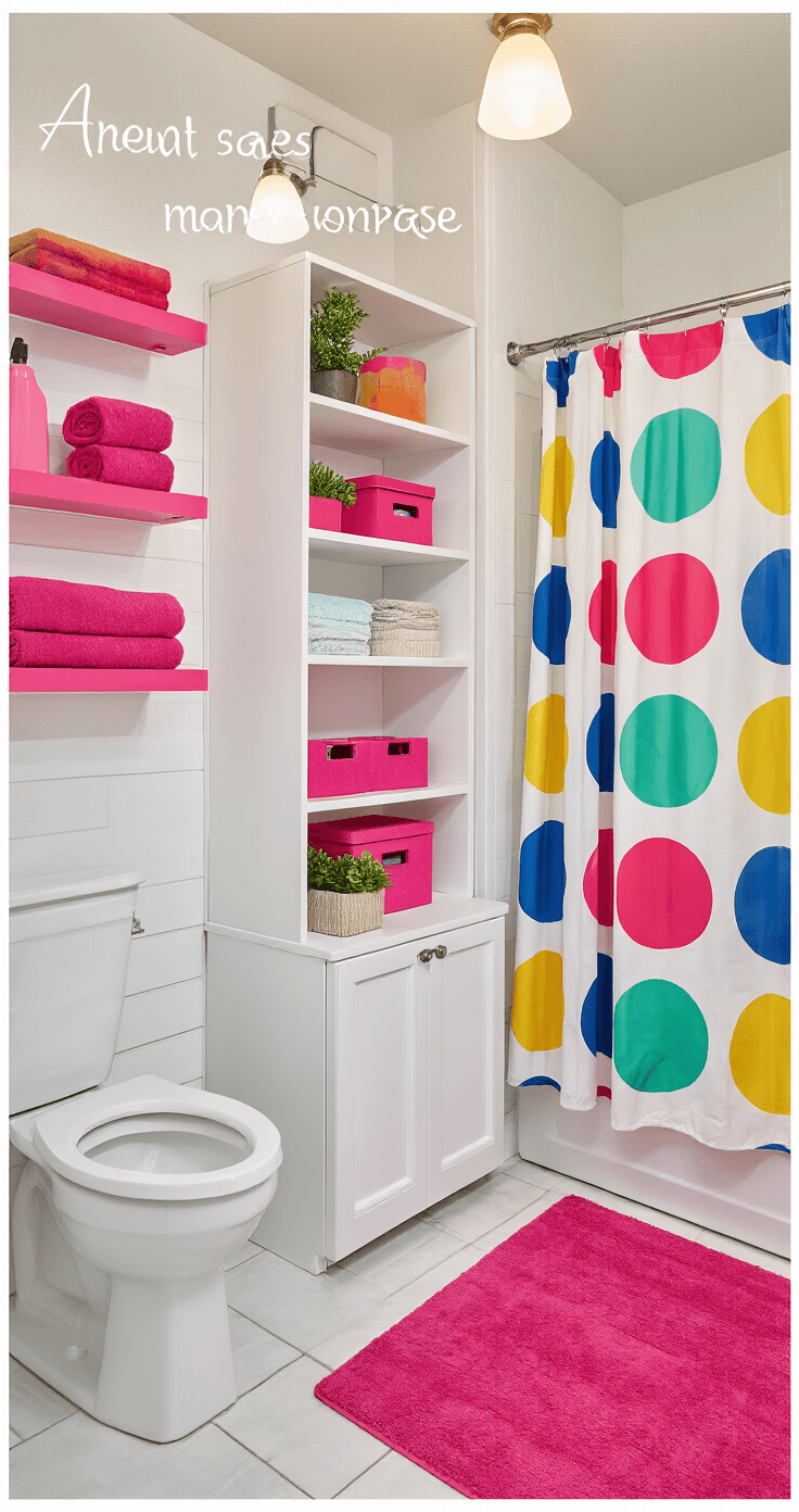 Eye-level shot of a bright white bathroom showcasing an over-toilet storage unit adorned with hot pink accents. Natural afternoon light combines with warm overhead fixtures, highlighting geometric patterns on a vibrant shower curtain. Floating corner shelves hold neatly rolled towels, decorative boxes, and small plants, all against a backdrop of moisture-resistant materials and minimalist wall decals.